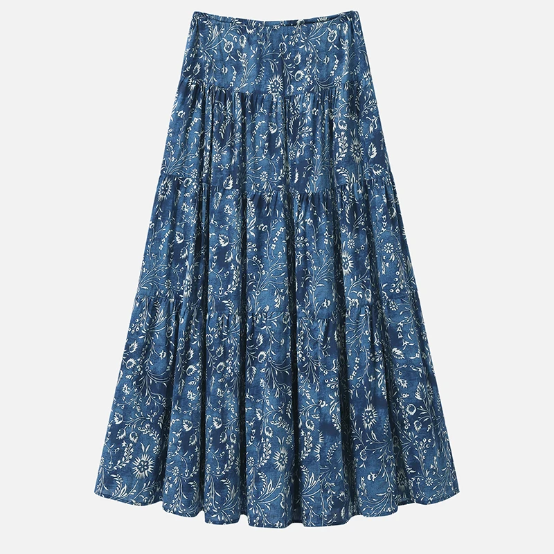 Retro Gentle Print Linen Half Skirt Women Summer High Waist Draped Slim Mid-Length A-Line Pleated Skirt Commute Ethnic Style