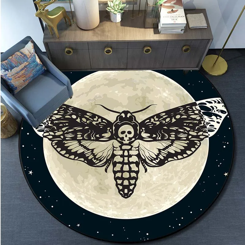 Death Moth Gothic Skull Print Pattern Circular Carpet Home Living Room Sofa Bedroom Floor Decoration