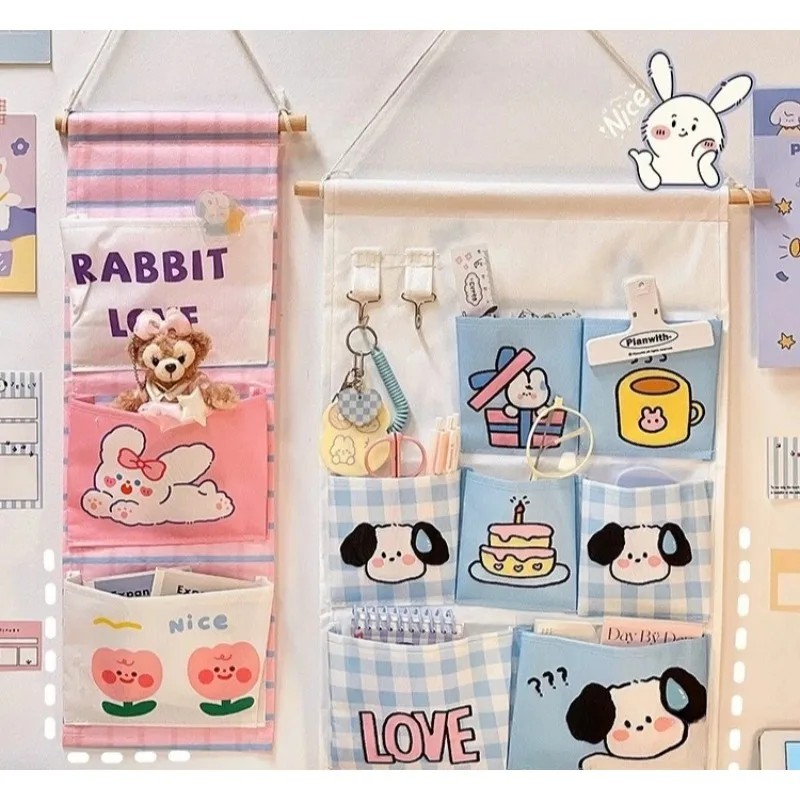 Wall-mounted multi-grid hanging basket, cartoon hanging bag, cute wall storage bag, no need to punch holes behind the door