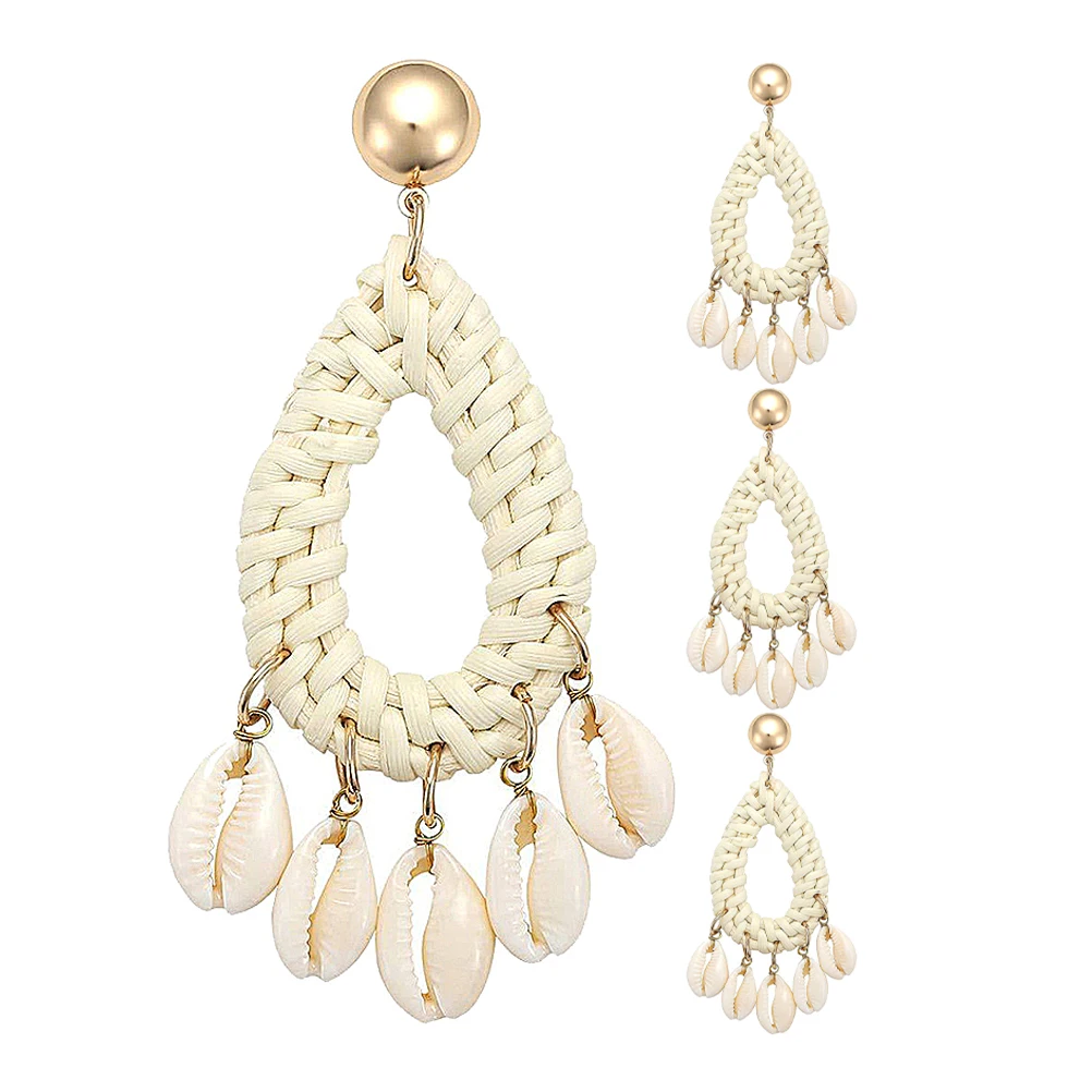 

2Pairs Handmade Woven Shell Earrings Boho Vintage Teardrop Dangle Lightweight Comfortable Summer Statement Jewelry