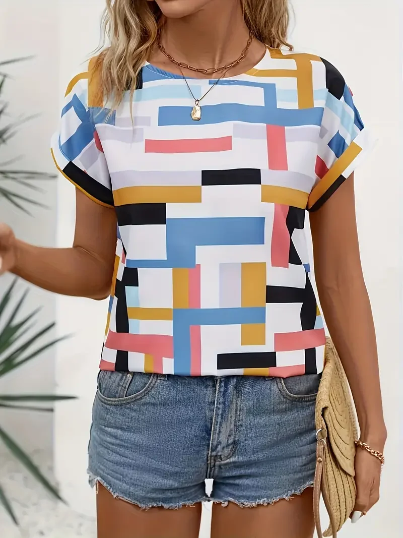 Vintage Line 3D Print Women T-shirts Streetwear Summer Casual Fashion Y2k Short Sleeve T Shirt O-neck Tees Tops Women Clothing