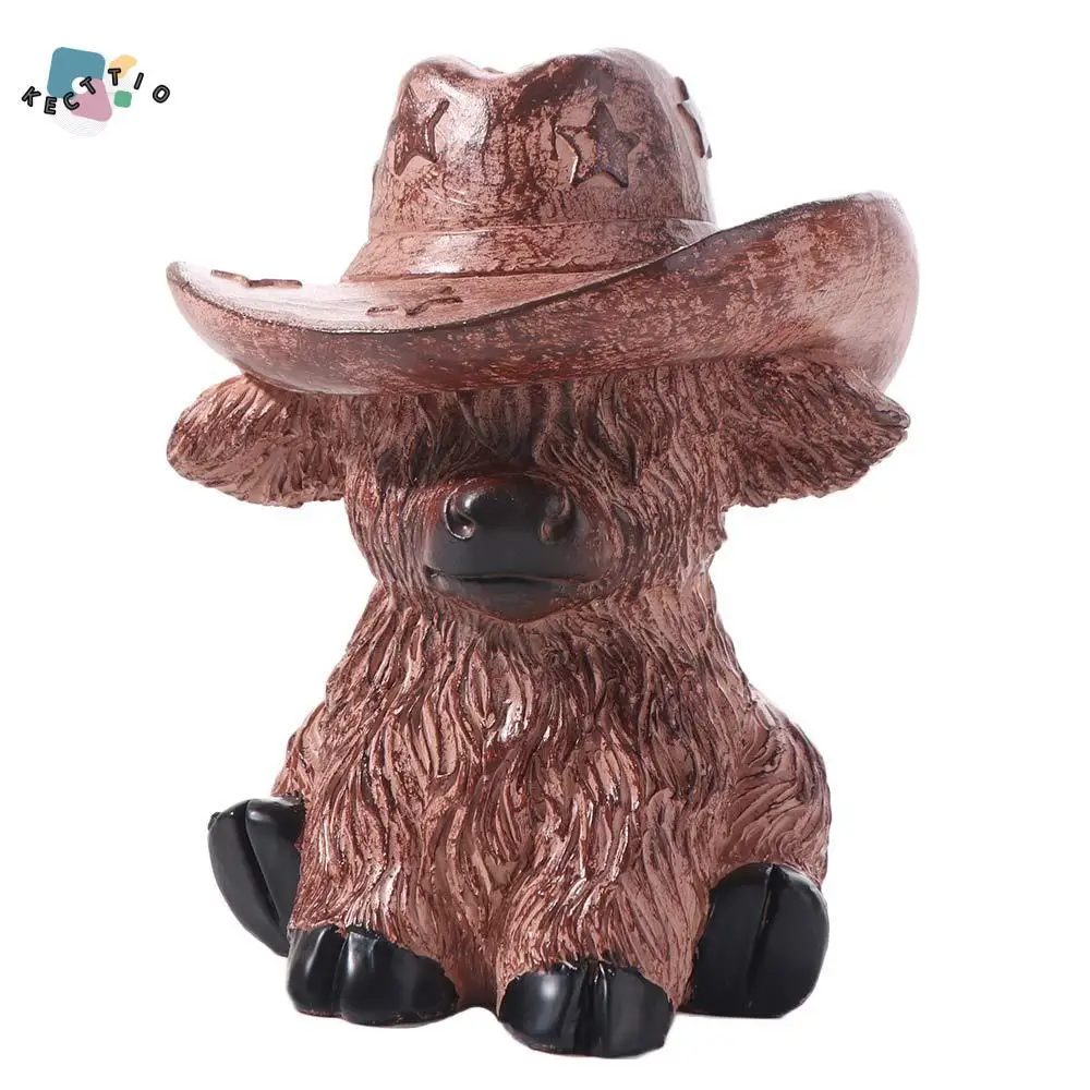 

With Cowboy Hat Highland Cow Figurine Rustic Realistic Highland Bull Statue Resin Crafts Animal Sculpture For Farmhouse Garden