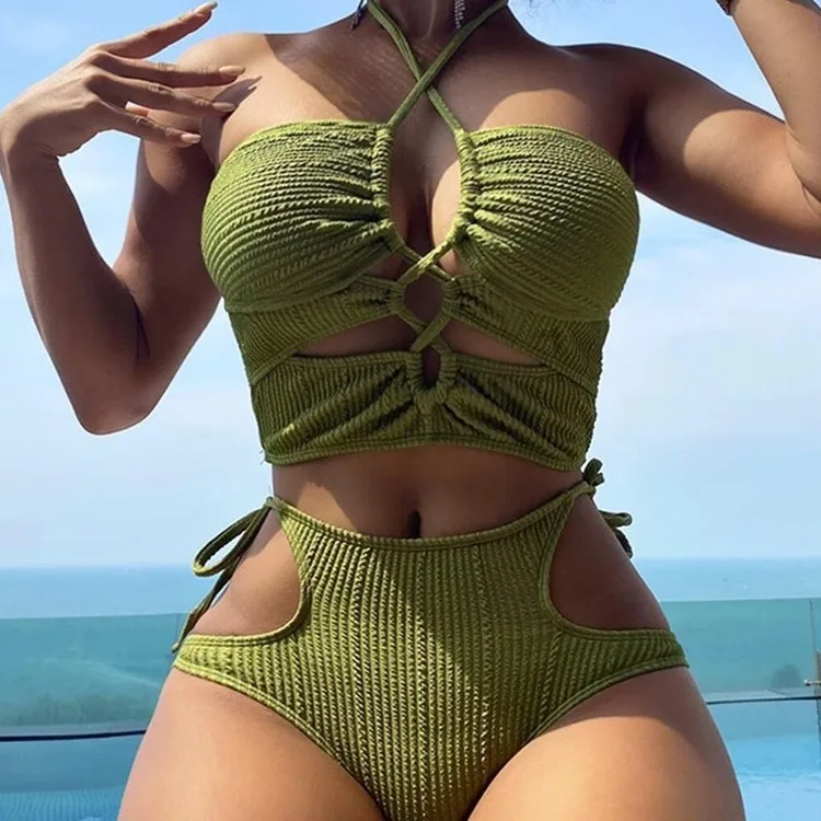 

Сексуальный женский купальник бикини с высокой талией, однотонный, раздельный, 2024, купальник через плечо, треугольный дизайн с накладкой на грудь