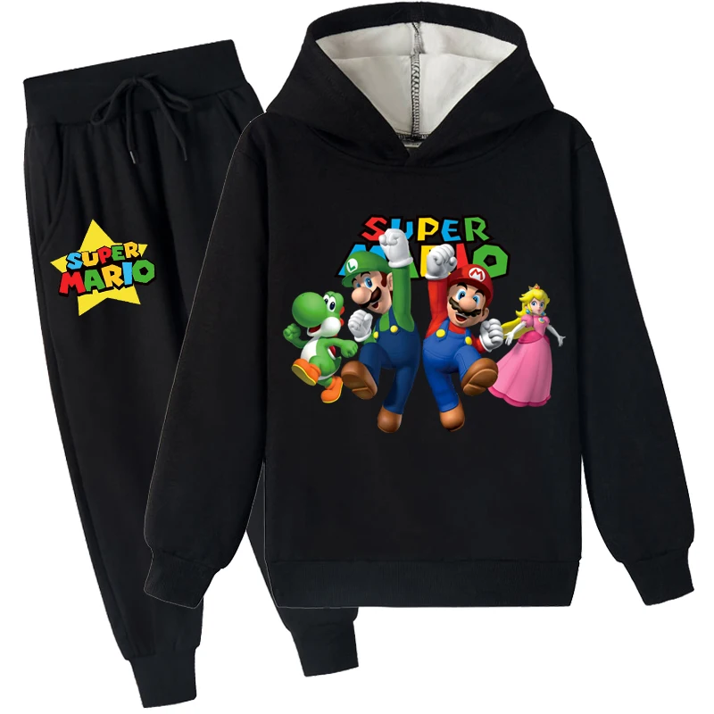Roupas de 2 peças com capuz e calças jogger forradas de lã para jovens, moletom escovado Super Mario, tops de algodão para 2 a 14 anos
