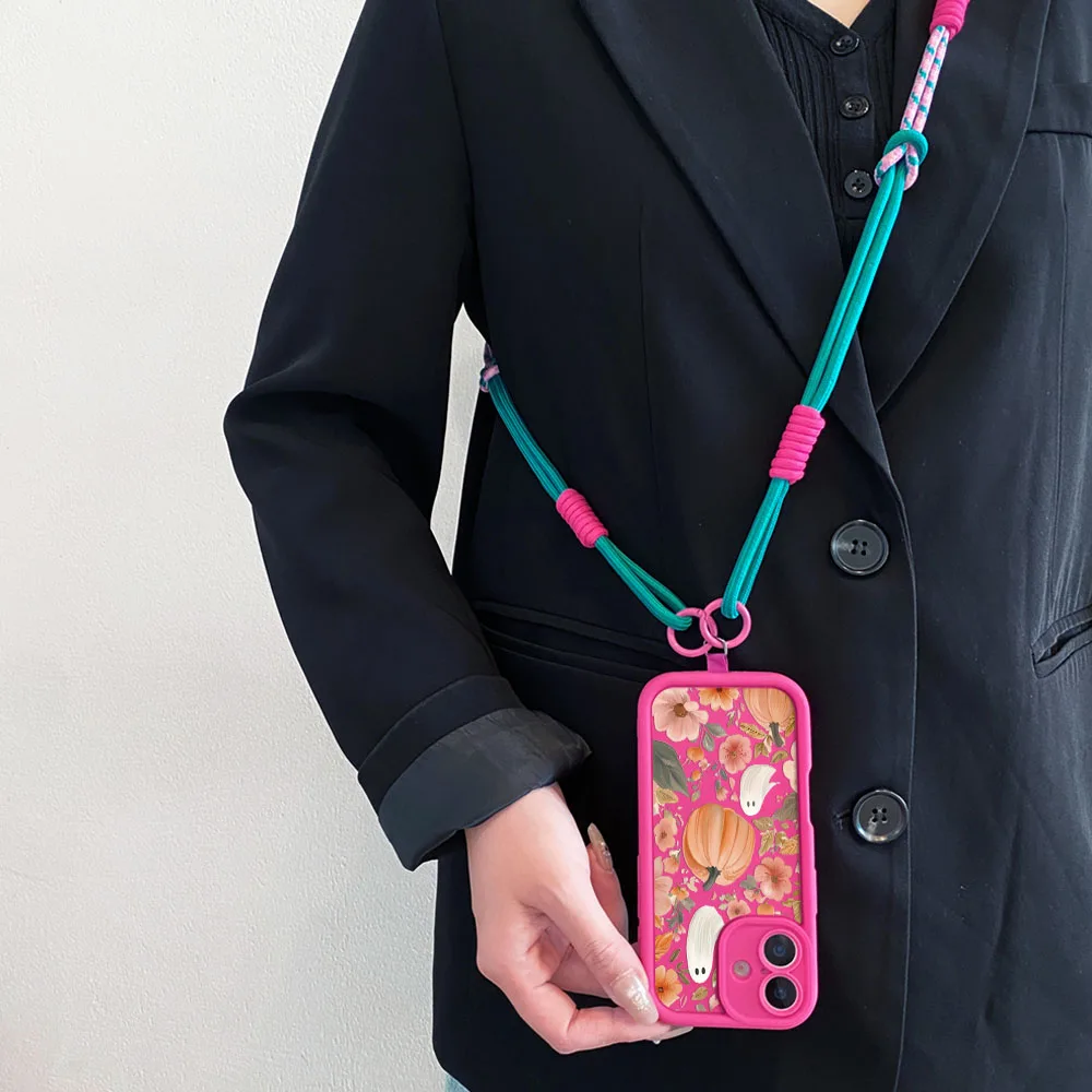 2025 halloween flor fantasma cordão caso de telefone para iphone 16 15 14 13 12 11 17 pro max xs xr 7 8 plus alça crossbody corda capa