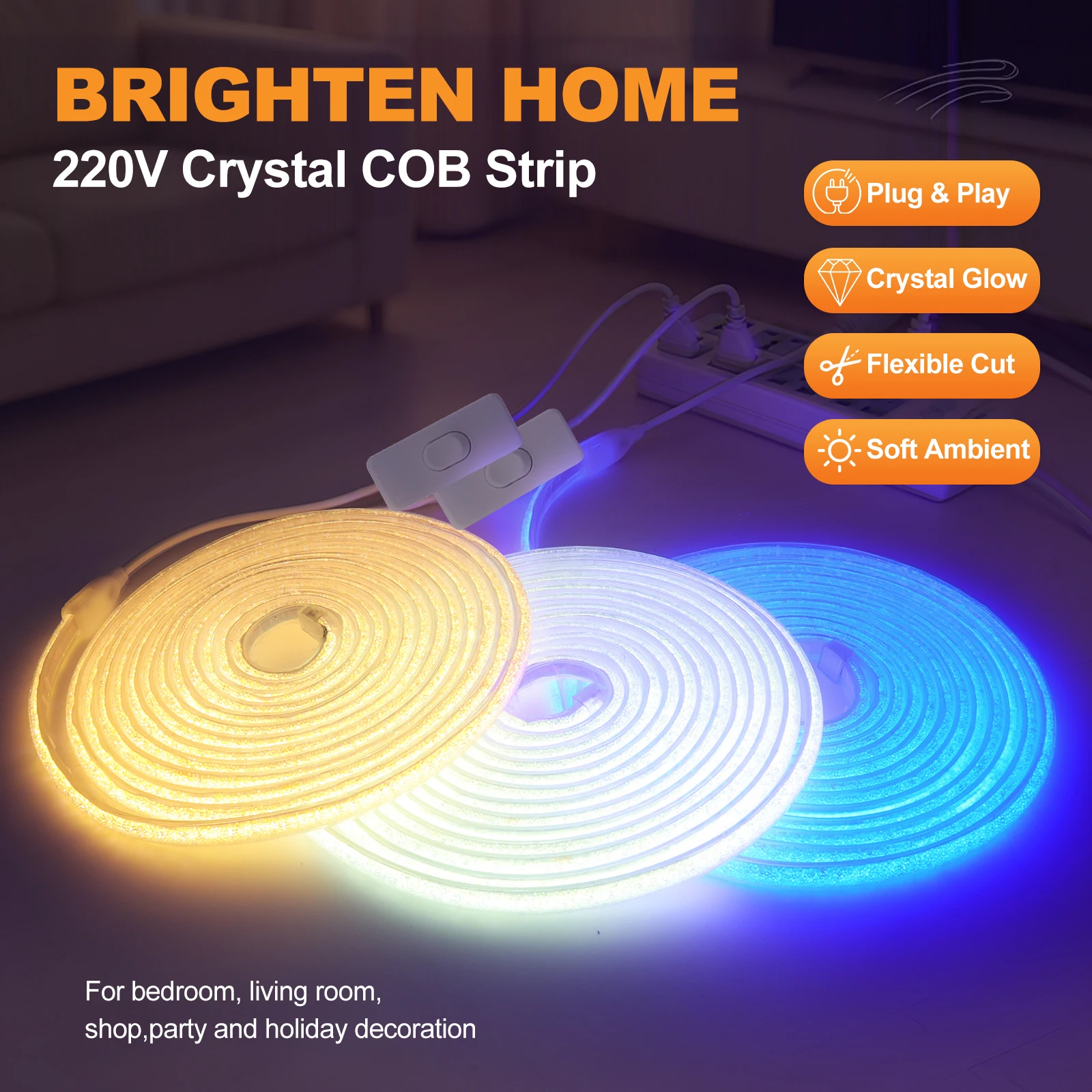 220V Switch Power COB Neon Strip Rope Light Crystal Type Fitness Gym Mirror Lighting 288LEDs/m Warm White Blue Yellow Red Green