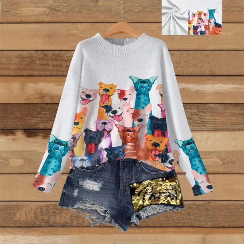 

Ladies' Warm, Loose, Cute Puppy Print Round Neck Sweater, Casual And Comfortable Knit Sweater, Lazy Autumn And Winter Style