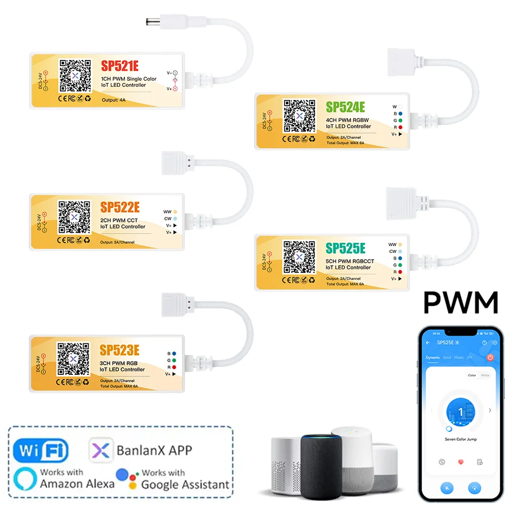 

5CH PWM RGBCCT LED Controller Bluetooth Wi-Fi SP52XE Mini LED Controller for PWM SPI Pixels LED Strip Light Banlanx APP Control