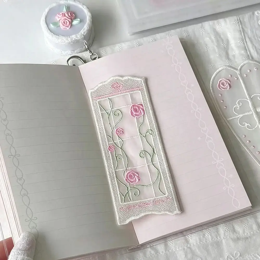 Organza Rose Embroidered Bookmark Embroidered Detail Vine Window Style Reading Marker Heart and Cross Styles Rose Pattern