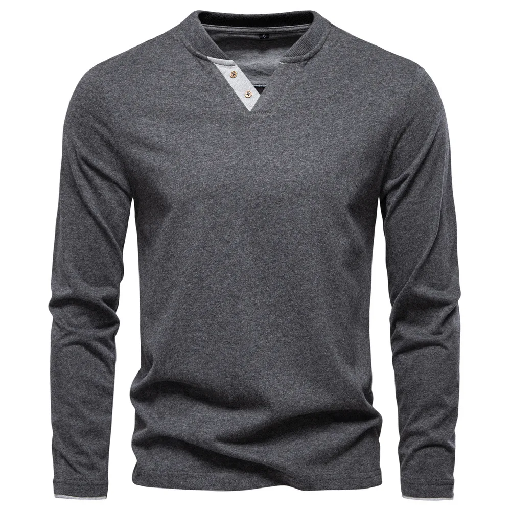 

Men's Fashion Long-Sleeved T-Shirt V-Neck Solid Color Cotton Casual Top Sweater for Autumn 2025 New Style