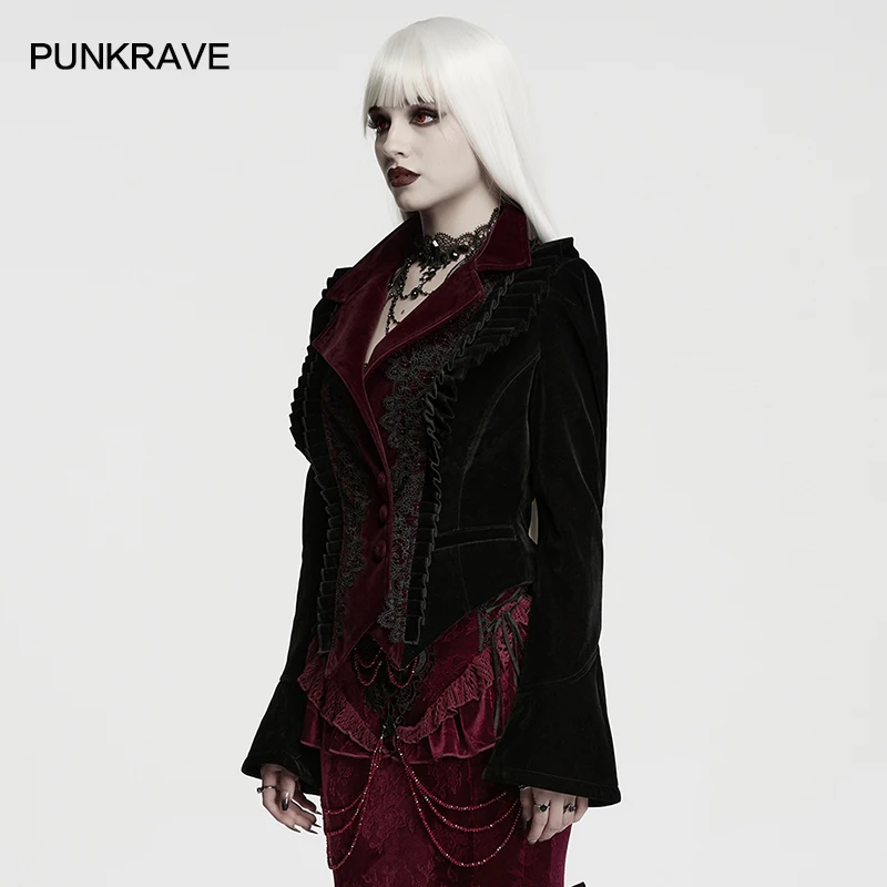 PUNK RAVE Women's Gothic Weft Velvet Lace Paired Dark Blood Coat Stand Collar Waist-cinching Drawstrings Flared Sleeves Jaket