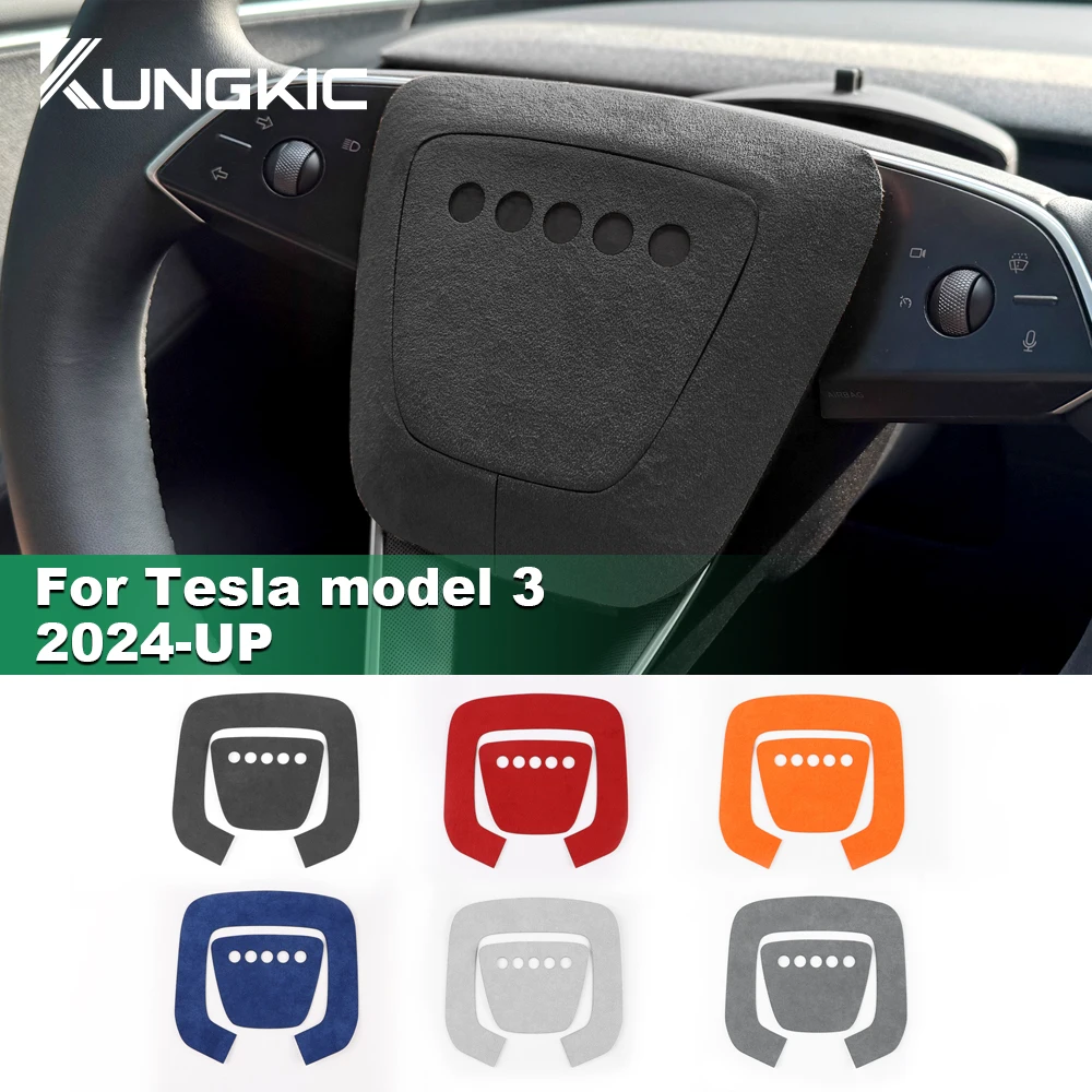 KUNGKIC Italian Top Suede Steering Wheel Panel Trim Stickers for Tesla Model 3 Highland 2024-Up Decor Car Interior Accessories