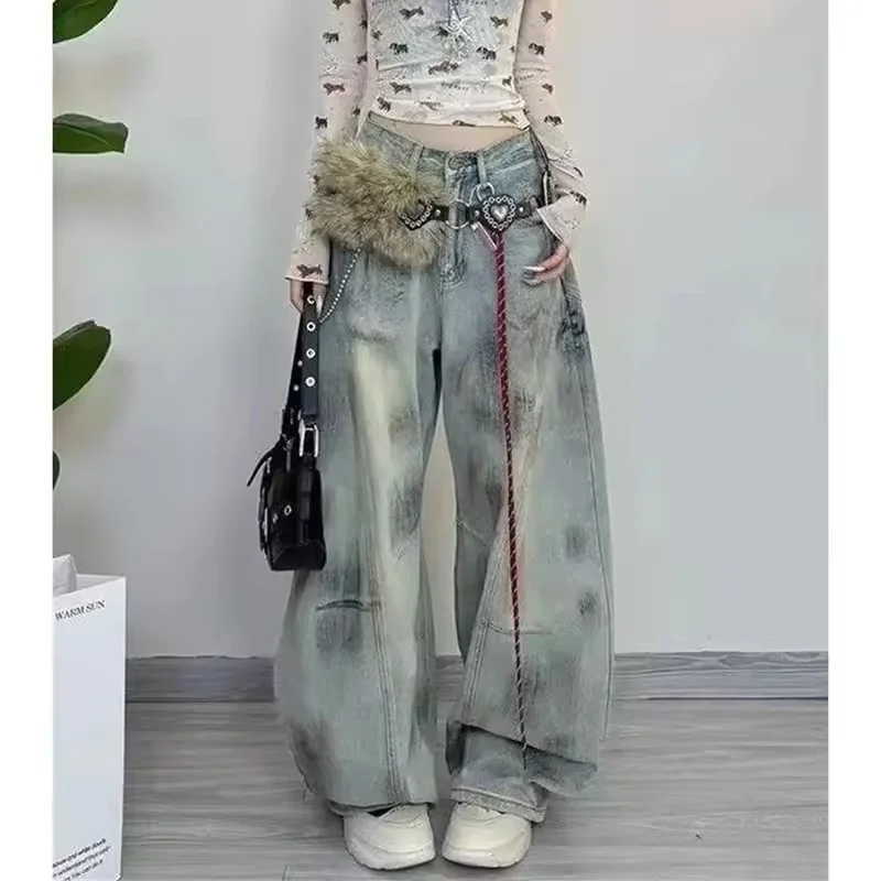 

Women Wide-leg Cowboy Trousers Lady High Waist Straight Leg Jeans Spring Autumn Female Dirty Dyed Curved Knife Denim Pantalons