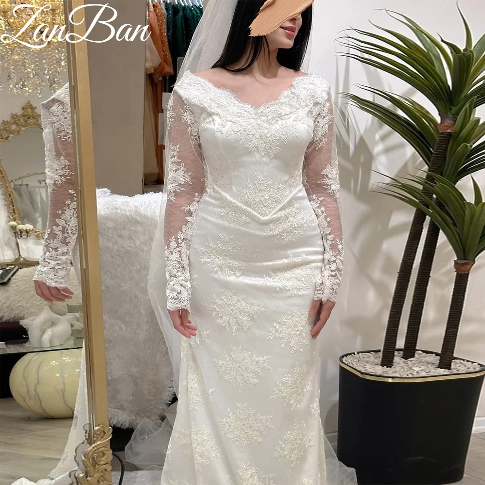 ZanBan 2026 White Mermaid Wedding Dresses Dubai Long Sleeves Full Lace Bridal Dress Saudi Evening Wedding Prom Gowns Customized
