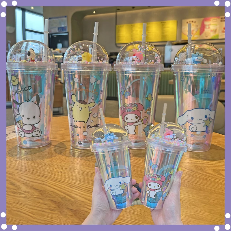 Sanrio Water Cup Cartoon Bottle Hello Kitty Kuromi Cinnamoroll Pochacco Mug Double Layered Viewing Plastic Cup Laser Straw Cup