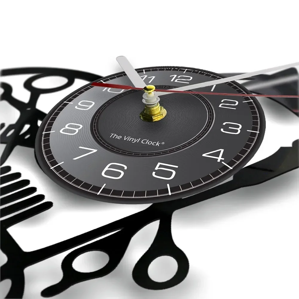 Barber Shop Tools Vinyl Record Wall Clock Beauty Hair Salon Heart Shape Dryer Scissor Comb Hairstylist Design Silent Watch