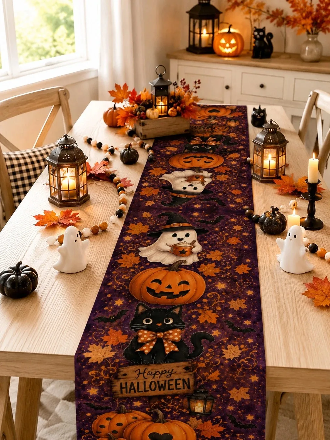 1pc Halloween Linen Table Runner,Black Cat Ghost Pumpkin Maple Leaf Print for Dining Table Kitchen Living Room HappyHoliday Part