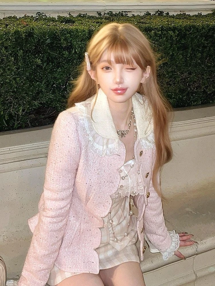 Conjunto francés elegante de 2 piezas de color rosa dulce para mujer, abrigo elegante + falda encantadora, nuevo diseño, moda ajustada, trajes de puro deseo rosa 2025