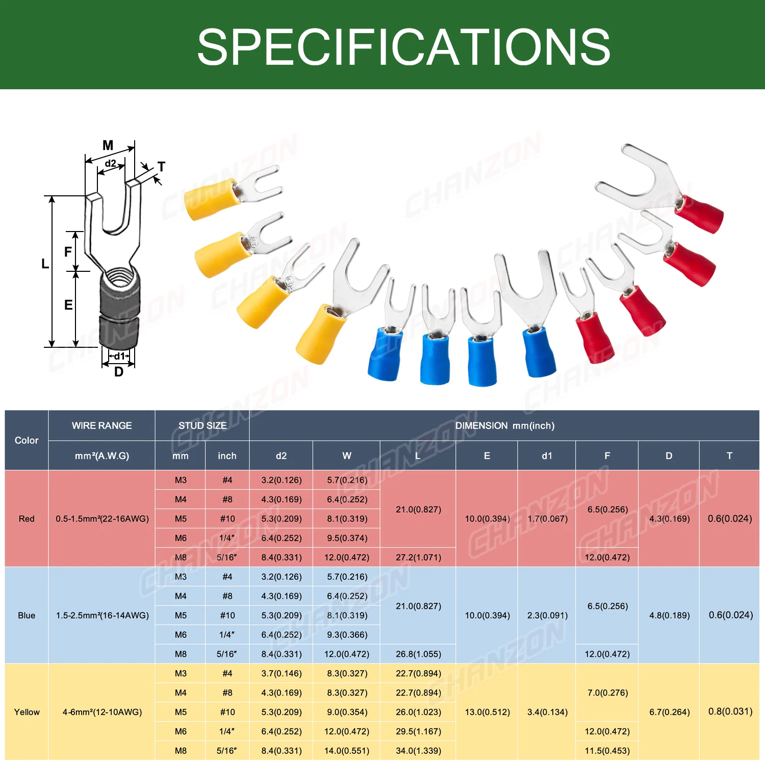 SV1.25 SV2 SV5.5 Electrical Fork Wire Connector Kit Insulated Copper Crimp Splice Wirefy Solderless Terminal 22-10AWG Assortment