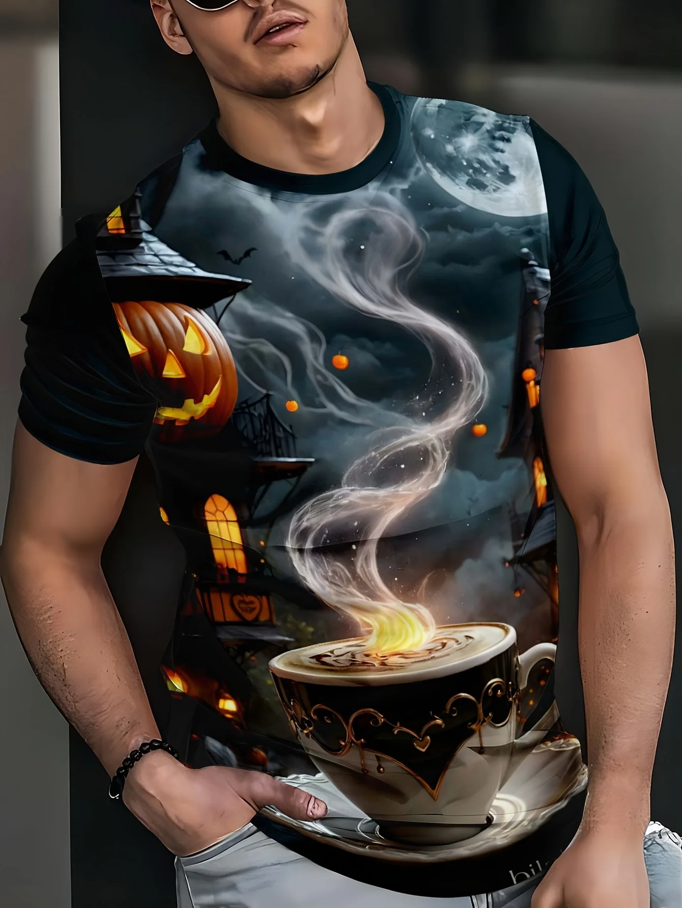 Men's Halloween Pumpkin Haunted House Moon Coffee Smoke Graphic Tee Crew Neck Short Sleeve Spooky Night Casual Shirts