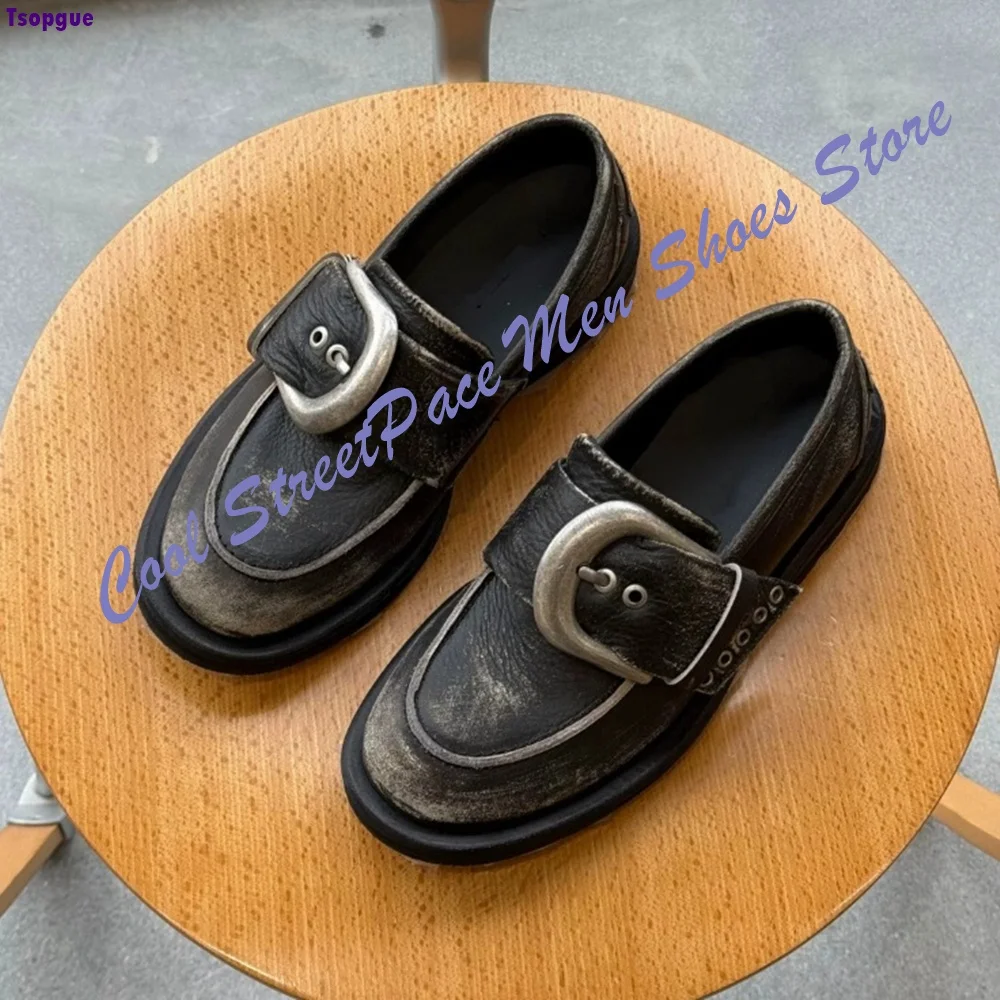 Distressed Washed Leather Platform Loafers Men Large Metal Buckle Decor Slip On Round Toe Vintage Punk Casual Flat Shoes for Men