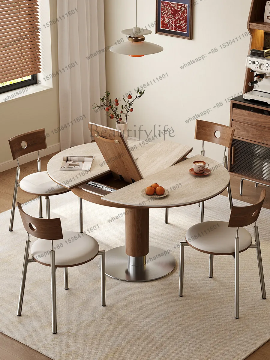 YJ travertine rock slab solid wood telescopic round  table becomes oval stretching small apartment multi-functional folding
