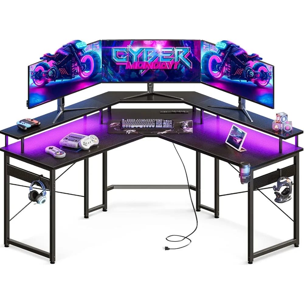 

L Shaped Gaming Desk with LED Lights & Power Outlets, 51" Computer Desk with Full Monitor Stand, Corner Desk with Cup Holder, G