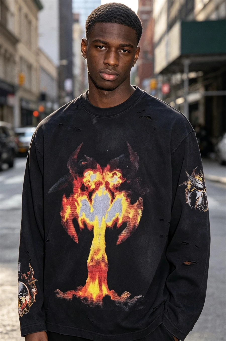 Autumn/Winter Street CHEW Flame Printing Cotton Heavy Metal Dark Style Long Sleeved Washed Hip-hop Versatile Trendy Hip Hop Top