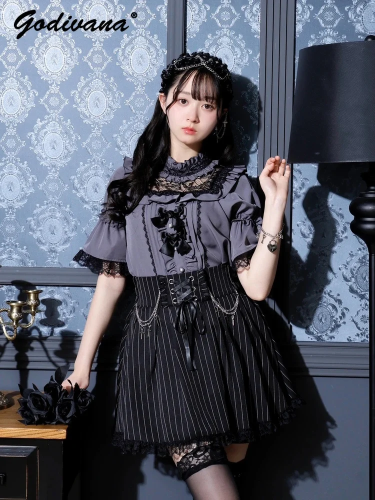 

Japanese Mine Mass Production New Summer Goth Lace Splicing Short Sleeve Blouse Stand Collar Women's Sweet Shirt Tops