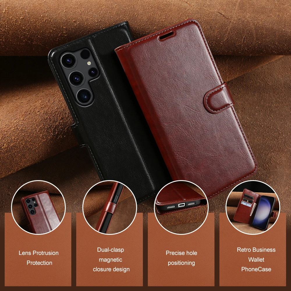 Crazy Horse Leather Flip Case For Samsung Galaxy S26 Ultra S25 Plus S24 FE S23 S22 S21 S20 Phone Case Cover S 26 S26Ultra Coque
