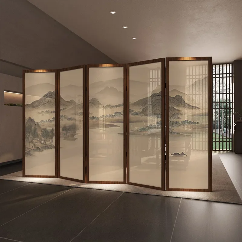for Chinese Retro Landscape Screen Partition Living Room Folding Mobile Blocking Entrance Tea Room Hotel Decoration Solid