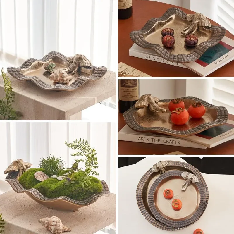 Concave-convex gold old square oval elephant fruit plate home model room desktop decoration aluminum tray ornament