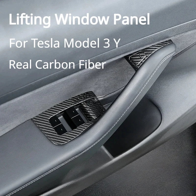 Real Carbon Fiber Lifting Window Panel for Tesla Model 3 Y 14Pcs Car Window Door Pull Handle Lift Switch Button Cover 2018-2023