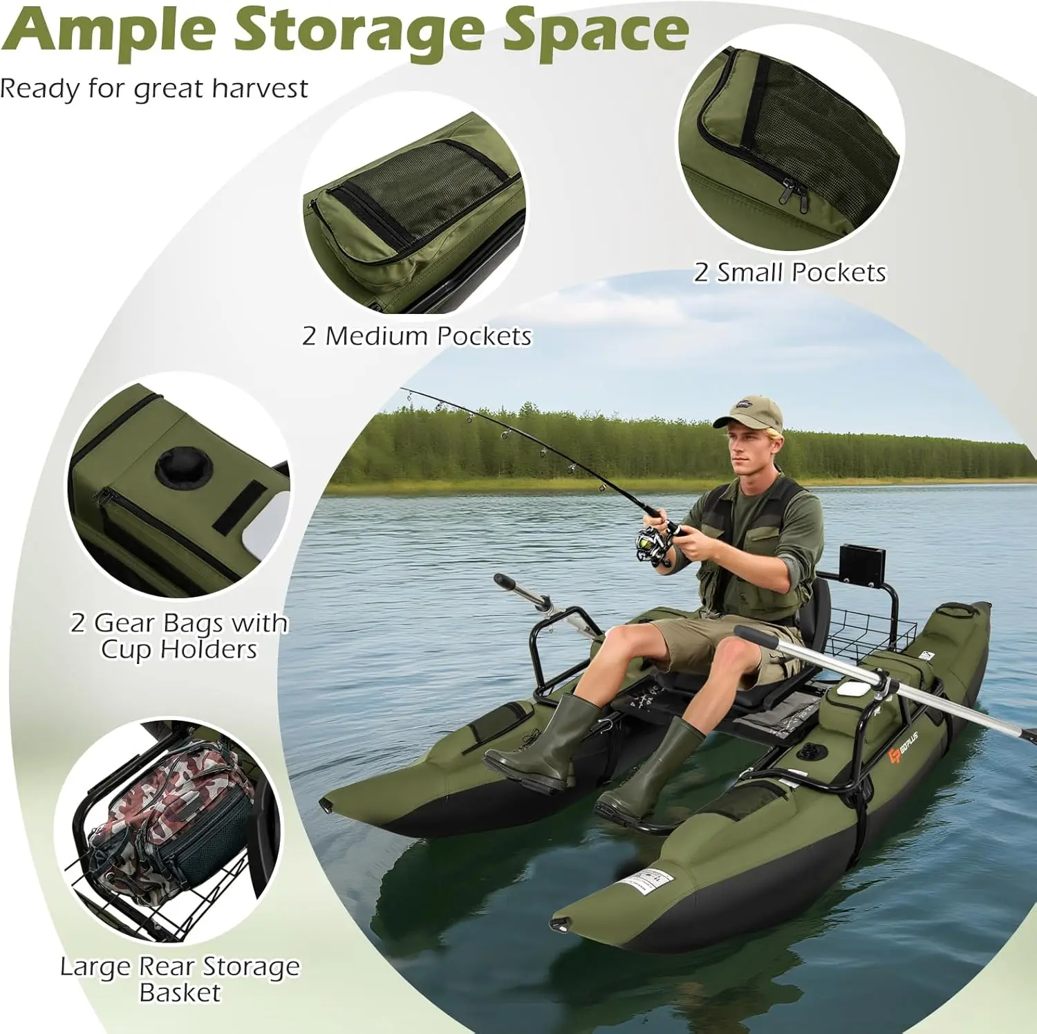 Adult Inflatable Belly Boat with Foldable Padded Seat, Adjustable Footrest, Pump, Paddles, Fish Ruler, Storage Basket, and Pockets – 400 lbs Load Capacity for Fishing and Angling view 3