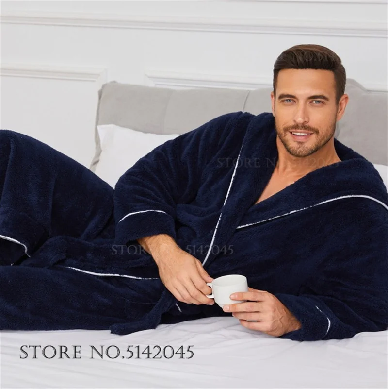 Autumn Winter Coral Fleece Men's Long Robe Kimono Gown Homewear Thicken Warm Hooded Bathrobe with Pocket Loose Flannel Sleepwear