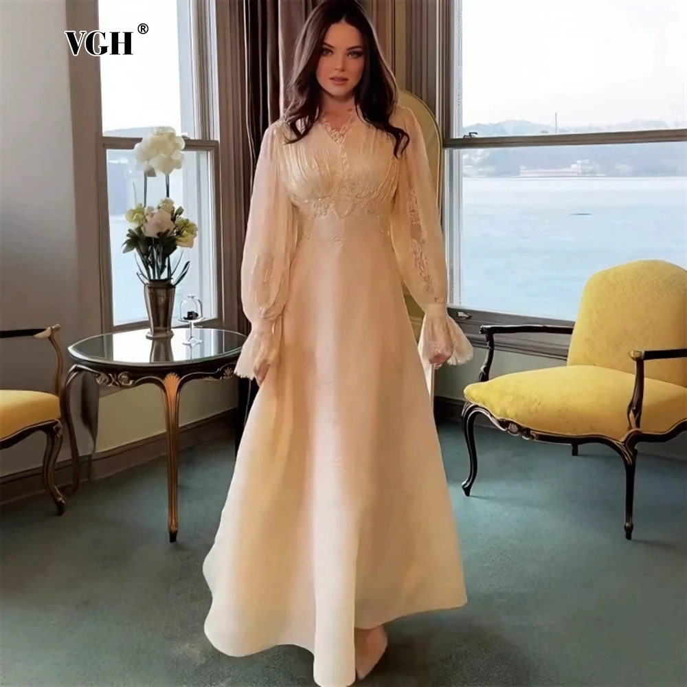 VGH Elegante Fee Jacquard Kanten Jurken voor Vrouwen V-hals Lange Mouw Gesplitst Sheer Mesh Slanke A-lijn Maxi Formele Jurk Vrouwelijke Nieuwe