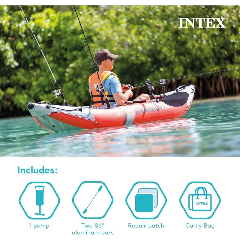 INTEX Excursion Pro 팽창식 카약 시리즈, 디럭스 86 인치 카약 패들 및 고출력 펌프 포함, 초강력 PVC