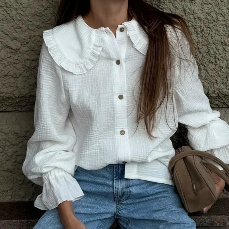 

Cotton Doll Collar Shirt 2025 Autumn Ruffled Lantern Sleeve White Long-sleeved Women's Shirt