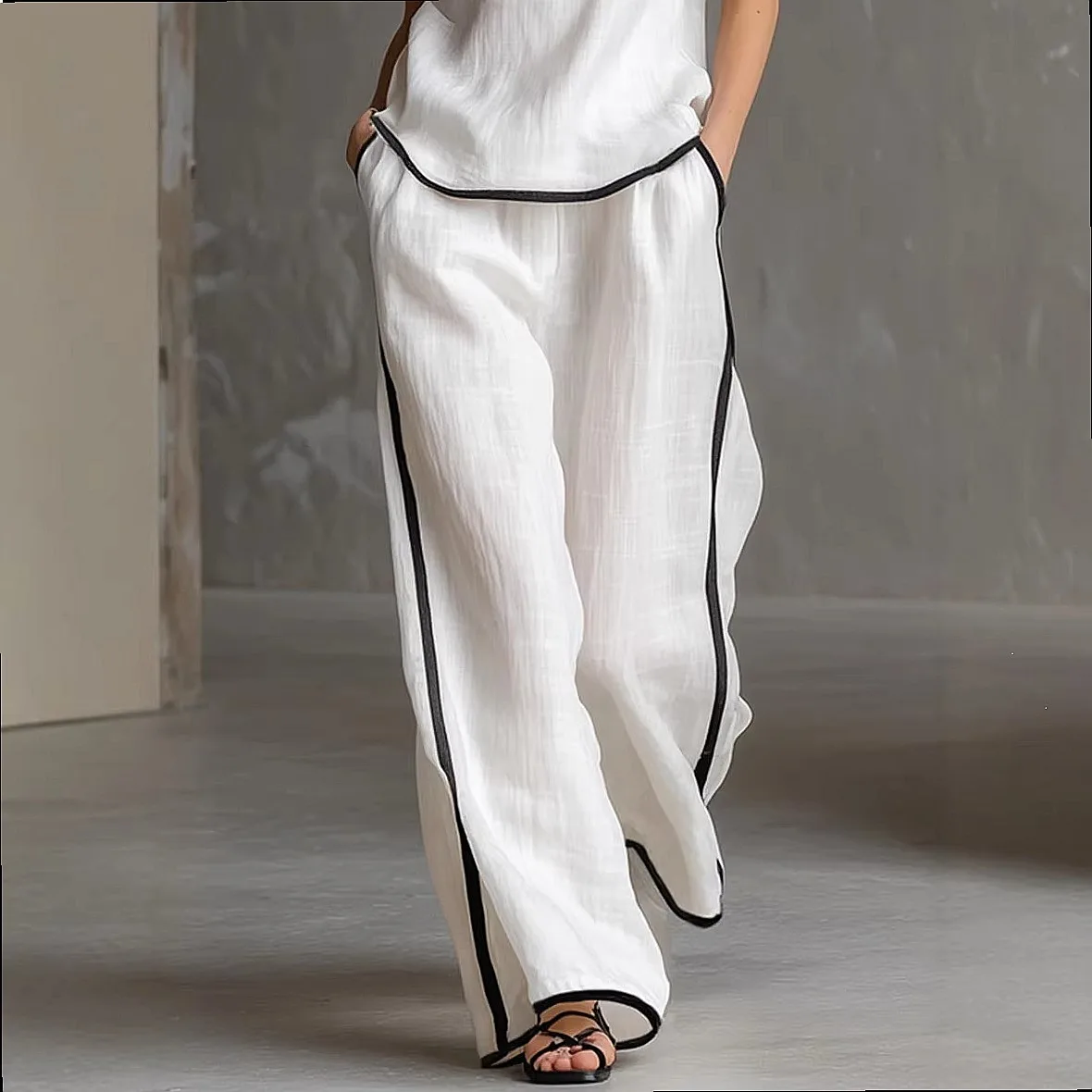 Summer Matching Set Women Casual V Neck Sleeveless Black Trim Contrast Wide Leg Pants Jumpsuit Playsuit