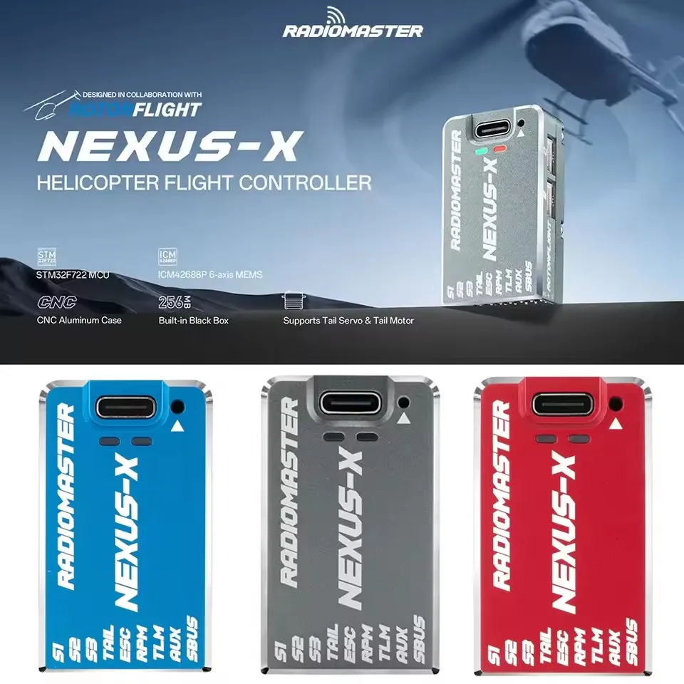 

Radiomaster NEXU NEXUS-X Helicopter Flight Controller CNC Aluminum Case Built-in Black Box TM32F722 MCU Support Tail Servo Motor