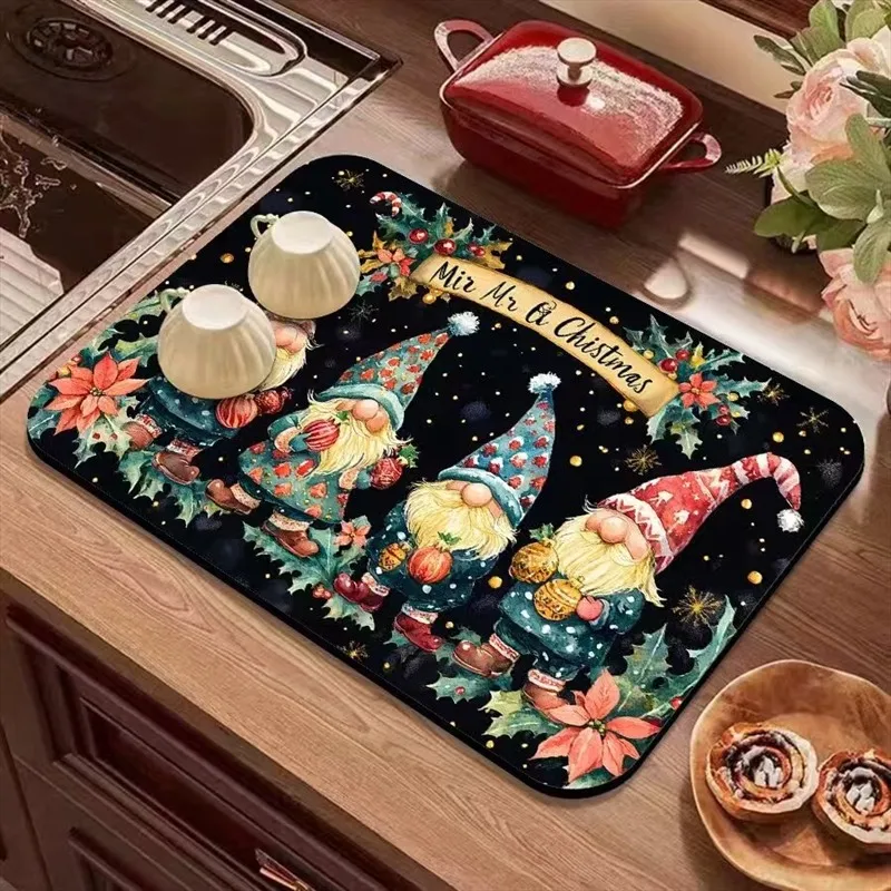 VIKAMA Diatomite Drying Mat Super Absorbent Quick Dry Non-Slip Kitchen Counter Gnome Ornament Holly Candy Cane