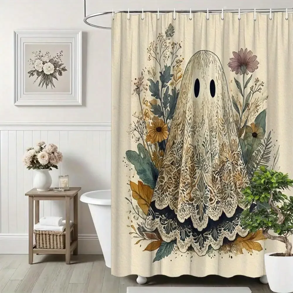 1pc Halloween Bath Curtain with Floral Accents Rustic Bathroom Decor Shower Partition Curtain Set 70, 8x70, 8 Inch with 12 Hooks Featuring a Fun and Whimsical Design, Best for Christmas, Perfect for Thanksgiving