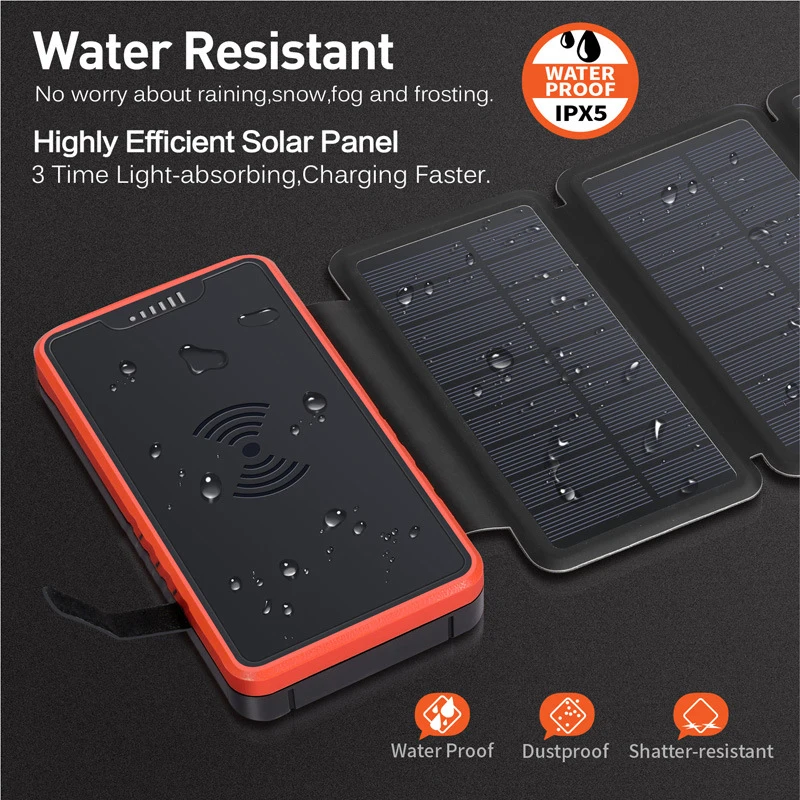 20000mAh Wireless Solar Power Bank with 3 Solar Panel Portable Charger for iPhone 15 Samsung Xiaomi Powerbank with Camping Light