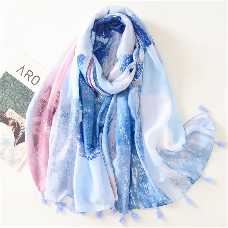 Fashion Designer Ombre Gradient Tassel Viscose Shawl Scarf High Quality Spring Summer Neckerchief Foulards Muslim Hijab 180*90Cm