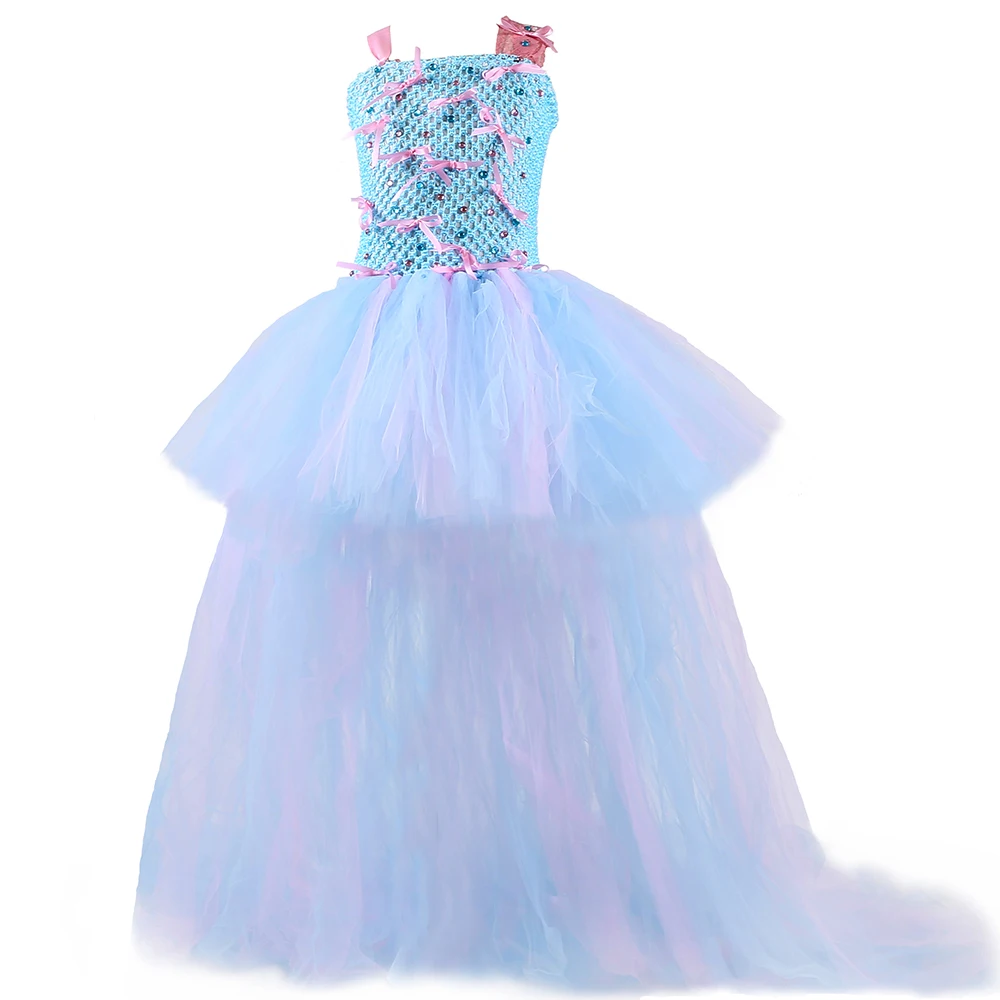 Flower Girl Tutu Dress with Long Train Baby Kids Wedding Evening Party Gown Bow-Knot Crystal Children Tulle Fairy Princess Dress