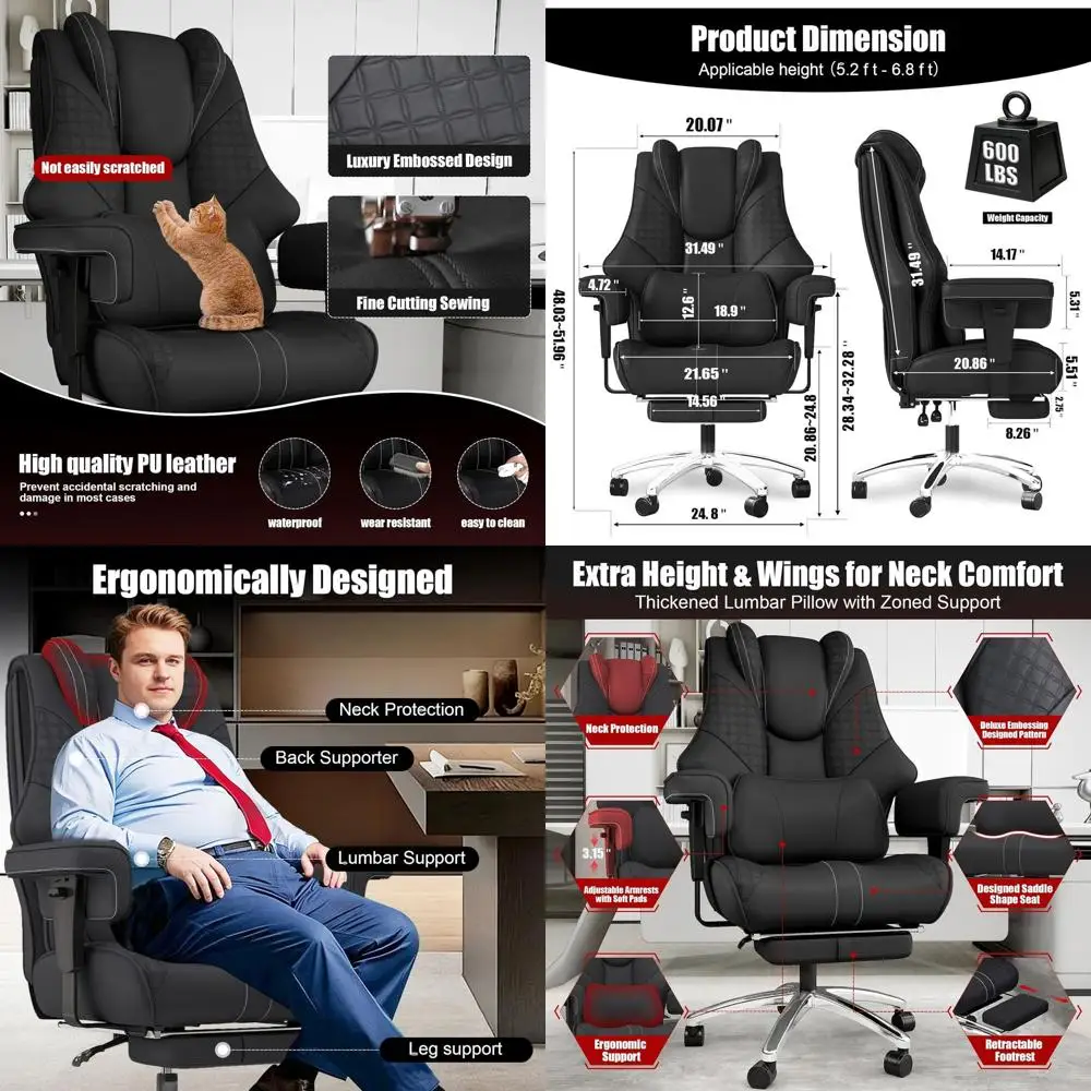 

Кресло для руководителя из кожи, эргономичное, широкое, для высоких и крупных людей, выдерживающее до 270 кг, с подставкой для ног, высокой спинкой и функцией откидывания, для работы за компьютером.