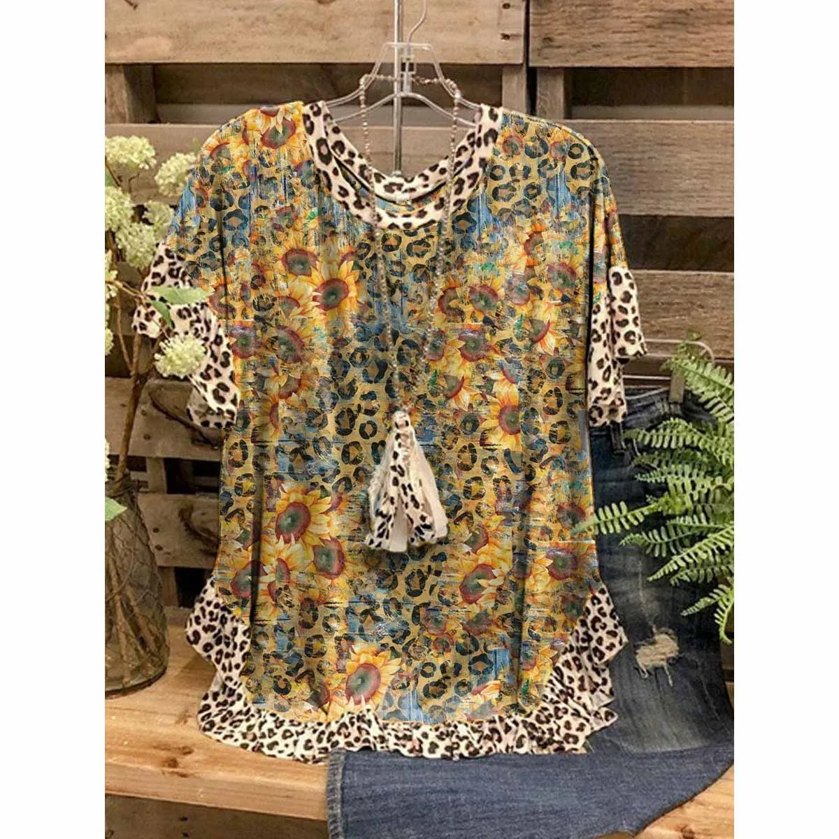 Women Tops 3D Sunflower Leopard Print Printed T-Shirts Ruffled O-Neck Short Sleeves Loose Casual T-Shirts Summer Streetwear