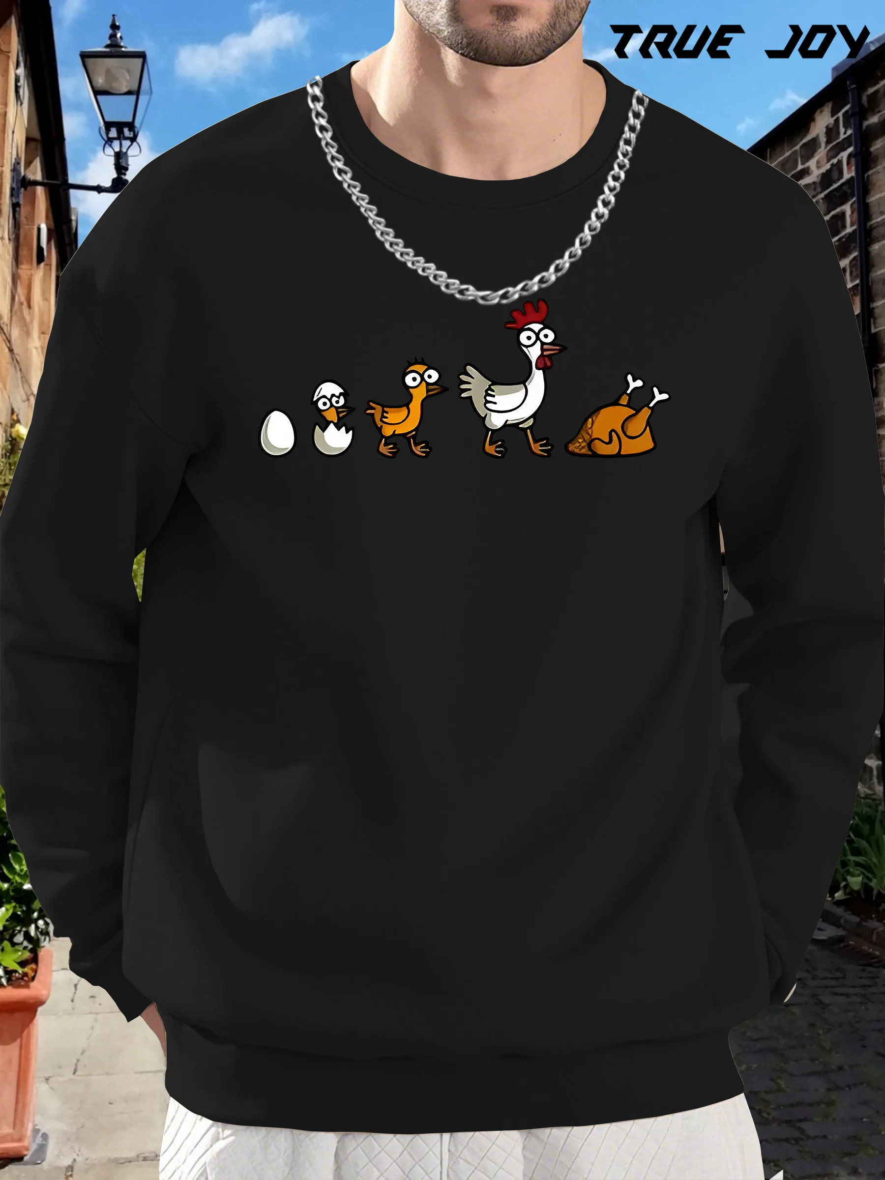 سويت شيرت برسومات مخطط نمو الدجاج المضحكة للرجال - بلوفر لطيف للمزرعة مع فرخ، سترة فضفاضة بأكمام طويلة #1