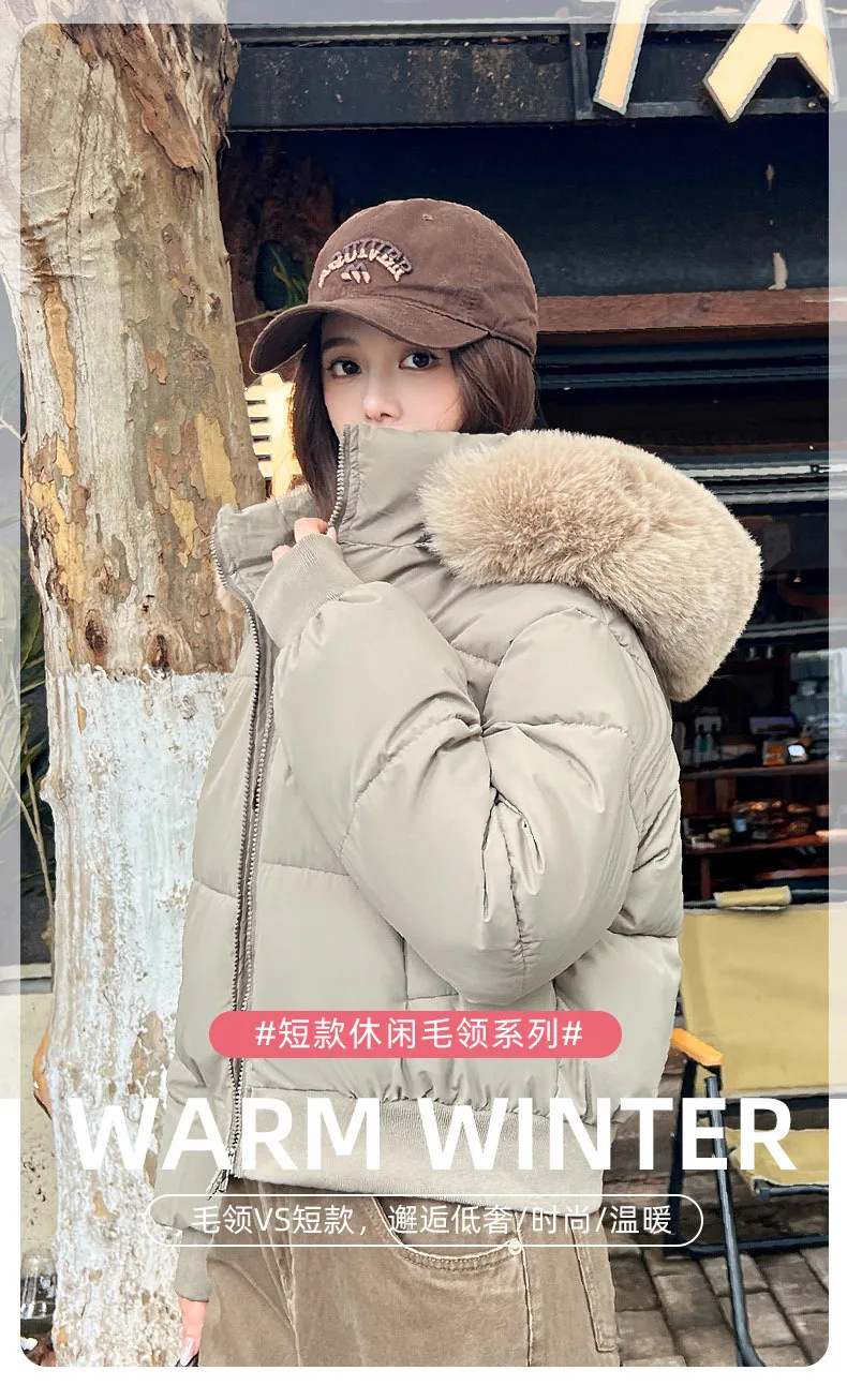 Femmes Parkas court manteau solide veste détachable col de fourrure à capuche poche zippée à manches longues épais bureau dame décontracté 2025 hiver