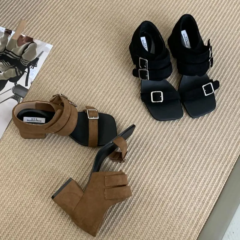 Black Chunky Heels Sandals Woman Belt Buckle Summer Shoes Brown Square Heels Ladies Shoes Punk Sandales Femme